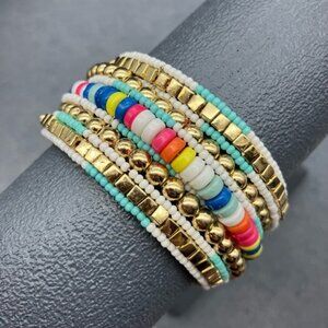 Bohemian Beaded Wrap Bracelet 7 In Gold Multicolored Glam Retro Vintage Hippie